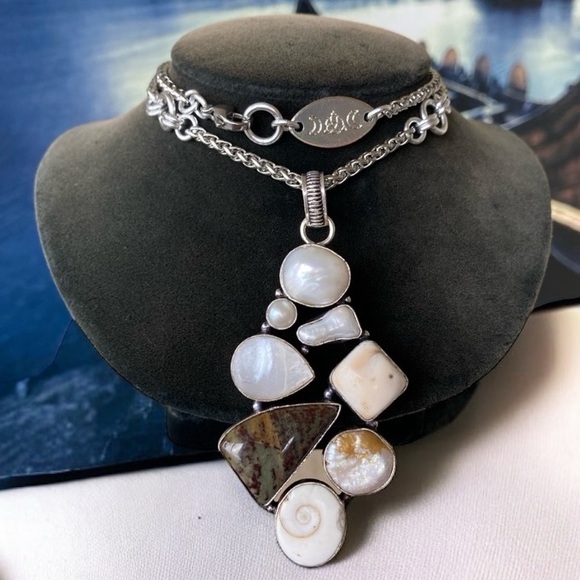 925 sterling silver overlay charm Pearl abalone fossil shiva eye shell necklace. - Picture 2 of 11